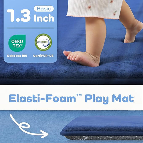 1.3" Thick Baby Floor Play Mat 71x79, Basic Padded Foam Mat for Tummy Time Crawling, Non Slip Cushioned for Babies Toddlers Infants Kids (Blue)