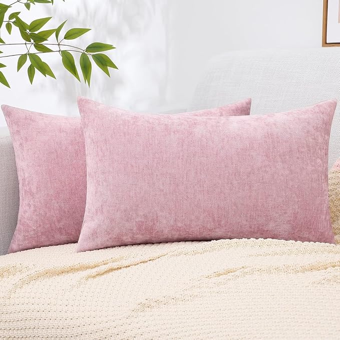 decorUhome Chenille Blush Pink Spring Valentine’s Day Throw Pillow Covers 12x20 Inch Set of 2, Decorative Soft Couch Pillow Covers Solid Dyed Accent Farmhouse Neutral Rectangle Pillow Cases for Sofa
