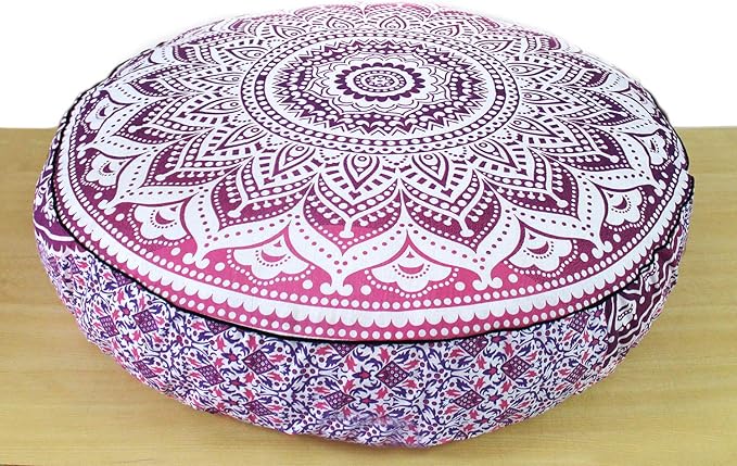 CRAFT KALA Mandala Floor Pillow Cushion Cover Seating Throw Cover Hippie Decorative Bohemian Ottoman Poufs Pom Pom Pillow Cases Boho Indian Cotton Living Room Yoga Home Décor (35" Round, Pink Ombre)