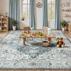 Lessymo Large Area Rugs 9x12 for Living Room, Soft Washable Rug for Bedroom Dining Room Nursery Room Farmhouse, Boho Non Slip Low Plie Carpet Vintage Floral Design, Blue Grey/Beige