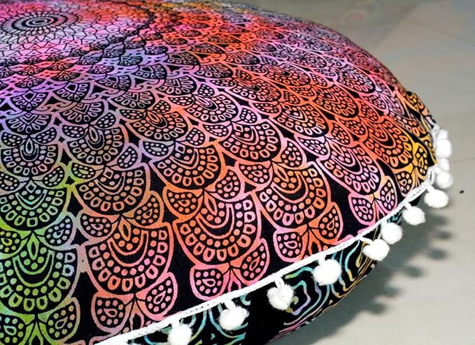 CRAFT KALA 22" Mandala Meditation Floor Pillows Cover Pouf Cover Round Seating Bohemian Mandala Cotton Floor Cushion Cover Outdoor Fireplace Seating Living Room Yoga Room Home Décor (Multi Peacock)