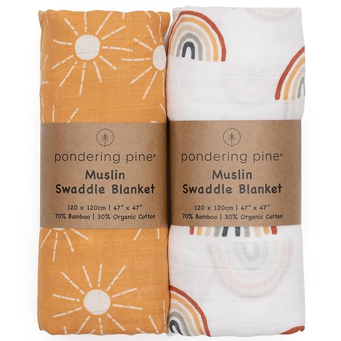 Organic Baby Muslin Swaddle Blankets for Boy or Girl - Sun and Rainbow Swaddling Blanket 2 Pack - Soft Muslin, XLarge and Breathable, Boho Baby, 47" X 47"