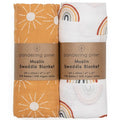 Organic Baby Muslin Swaddle Blankets for Boy or Girl - Sun and Rainbow Swaddling Blanket 2 Pack - Soft Muslin, XLarge and Breathable, Boho Baby, 47" X 47"
