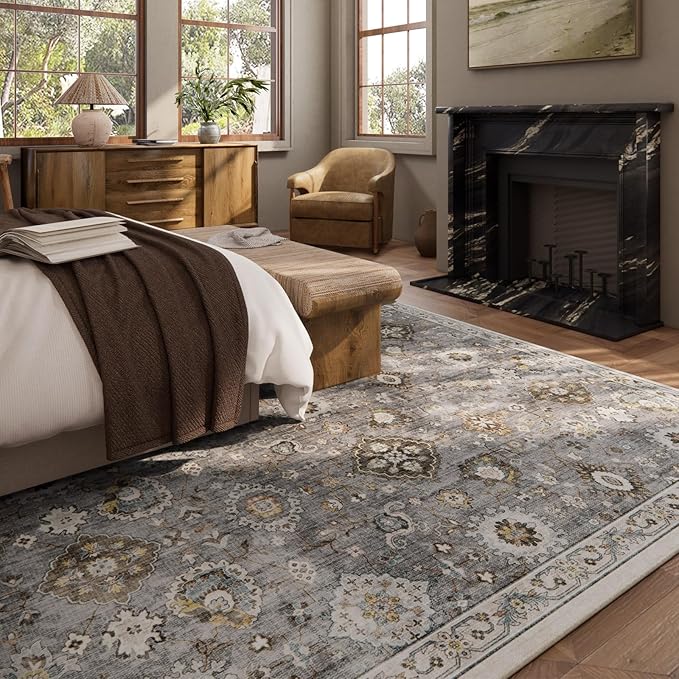 Machine Washable Rug for Living room: 9x12 Area Rugs Boho Vintage Rugs Stain Resistant Non Slip Low Pile Lightweight Soft Carpet for Bedroom Kitchen Dining Room Nursery Kids Room Farmhouse Home Office
