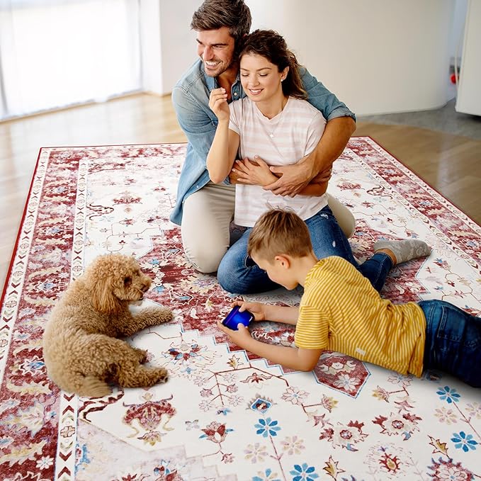Amearea Vintage Design Area Rugs for Living Room, 5x8 Machine Washable Floral Collection Traditional Bedroom Rug, Low Pile Cute Kids Room Print Carpet, No Slip Office Kitchen Home Decor, Red