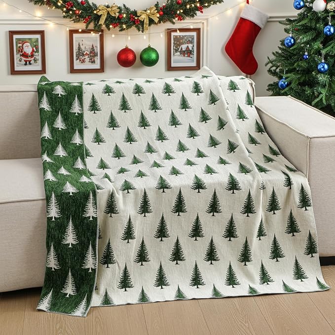 Floral Chenille Throw Blanket 50 x 60'' Farmhouse Vintage Boho Flower Blanket Soft Throw for Couch Bed Sofa Chair Living Room Outdoor Woven Decorative Home Gift(Brown)(Christmas Tree,Green)