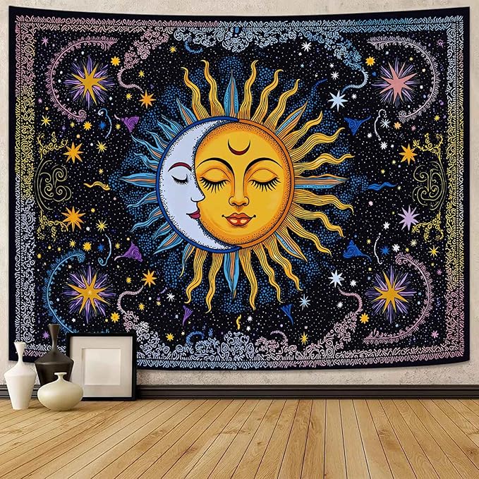 Spenlife Sun and Moon Tapestry, Celestial Couple Tapestries for Bedroom, Aesthetic Wall Decor, Starry Tapestries (80" x 60")