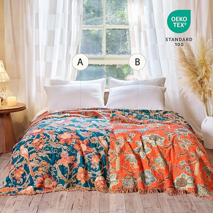 Boho Throw Blanket - 100% Cotton Ultra Soft Muslin Blanket, 50"x60" Lightweight Floral Bird Framhouse Bedding Spring Blanket for Bed, All Season Blue Bohemian Bedroom Home Decor Quilt