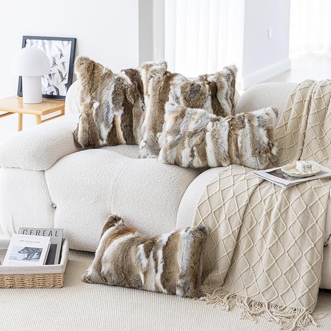 MOOX Rabbit Fur Throw Pillow Covers Decorative Fluffy Soft Fuzzy Plush Luxury Genuine Animal Skin Lumbar Pillow 18"x18" Cushion Cover, Couch-Yellow White
