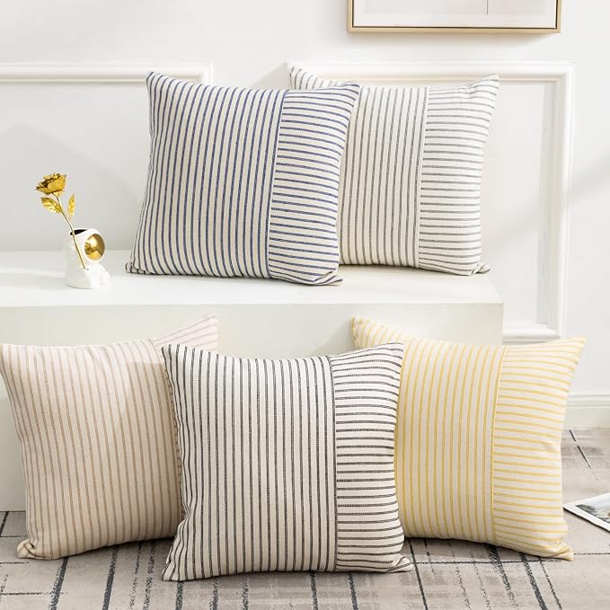 Christmas Pillow Covers 26x26, Modern Accent Square Throw Pillow Covers Set of 2, Red and Beige Striped Patchwork Linen Decorative Pillows Cushion Covers for Couch Chair Bedroom Christmas Decorations