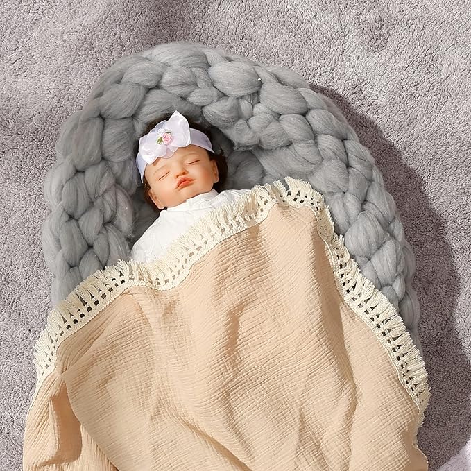 insular Cotton Muslin Baby Blanket with Tassel, Boho Bohemian Muslin Swaddle Blanket Baby Receiving Blanket with Fringe, Nursery Decor Throw or Nursing Blankets, 47" x40”, Khaki