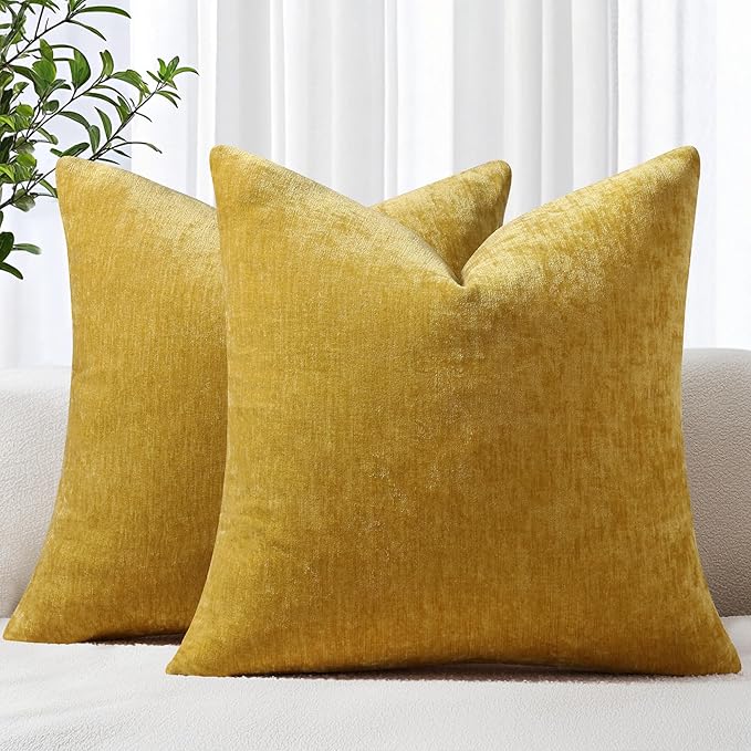 decorUhome Chenille Mineral Yellow Spring Euro Sham Throw Pillow Covers 22x22 Inch Set of 2, Decorative Soft Couch Pillow Covers Solid Dyed Accent Farmhouse Neutral Square Pillow Cases for Sofa