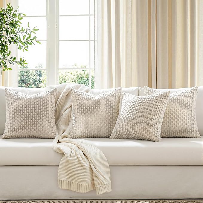 MIULEE Beige Decorative Throw Pillow Covers for Couch Living Room 18x18 Inch Soft Pillow Cases Set of 4 Boho Striped Corduroy Farmhouse Cushion Covers Home Decor for Sofa Bed