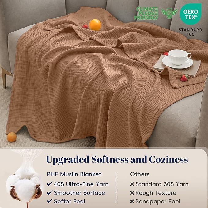 PHF 100% Cotton Muslin Throw XL Blanket Large 50" x 70", 4-Layer Lightweight Gauze Throw, Breathable Cloud-Soft Minimalist Blanket for Bed, Couch, Camping & Baby, Coco Brown, Ideal Gift