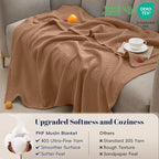PHF 100% Cotton Muslin Blanket Twin XL Size 66"x90", 4-Layer Lightweight Gauze Throw, Breathable Cloud-Soft Minimalist Blanket for Bed, Couch, Camping & Baby, Coco Brown, Ideal Gift