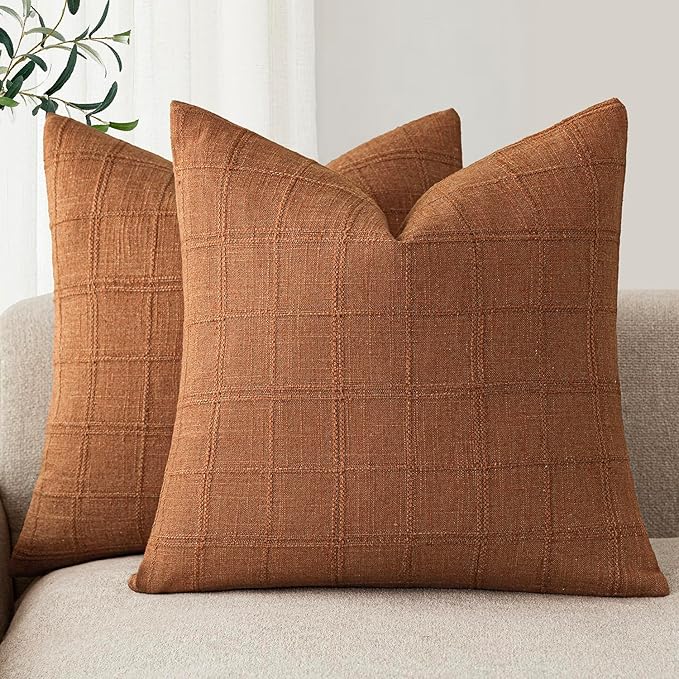 Foindtower Set of 2 Decorative Linen Check Throw Pillow Covers Neutral Farmhouse Vintage Cushion Covers Modern Boho Home Decor for Sofa Chair Couch Bedroom Living Room,26×26 Inch,Orange