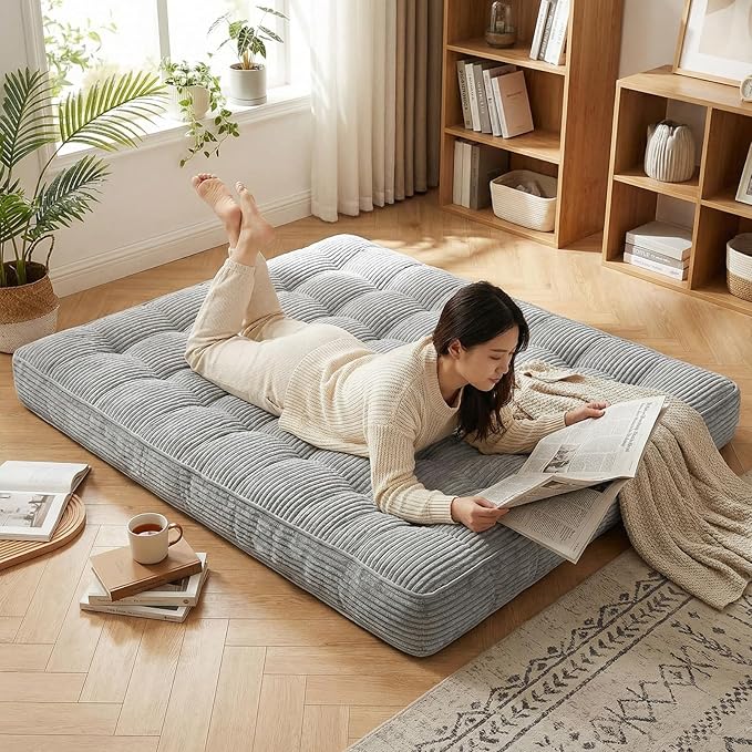 63 Inch Folding Bench Cushion, 4 Inch Thick 2-in-1 Convertible Long Floor Lounger Boneless Cushions Couch Mattress Upholstered for Yoga, Reading, Sleeping, Meditation Living Room(Light Grey)