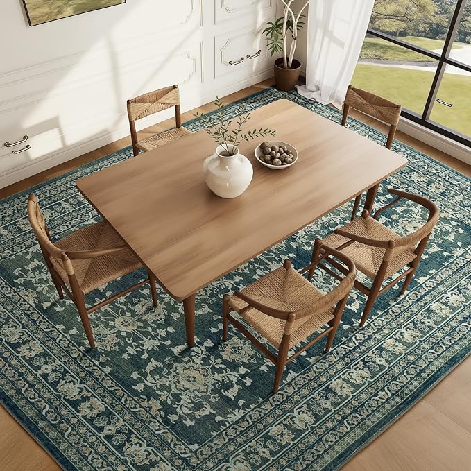 Lessymo 9x12 Area Rugs for Living Room, Machine Washable Non Slip Large Rug, Soft Low Pile Carpet for Bedroom Dining Office, Vintage Dark Green Distressed Floral Floor Decor