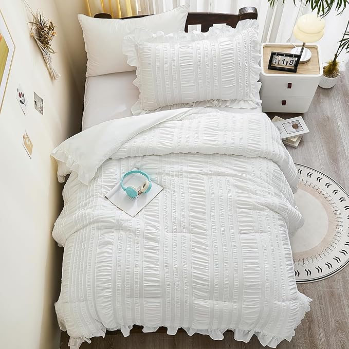 WONGS BEDDING Comforter Full Size, White Ruffle Comforter for Dorm Room Essentials for Full Bed, Soft Seersucker Textured Bedding Set Full Size Comforter Sets for Girls 90"×78"