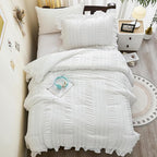 WONGS BEDDING White Comforter Set Twin, 3 Pieces Ruffle Shabby Chic Comforter for Dorm Room Essentials for Twin Bed, Soft Seersucker Bedding Set with 1 Ruffle Comforter, 2 Tufted Pillowcases 86"×68"