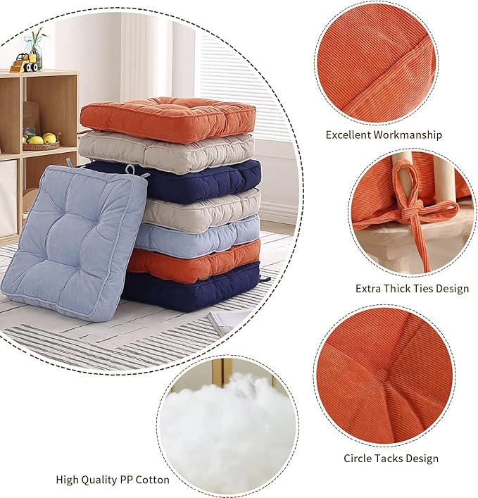 Tiita Chair Cushion Pads with Ties 18x18 Inch, Square Seat Floor Pillows Pad, Tufted Outdoor Patio Cushions, Dining Chairs Pillows Set of 2,Orange