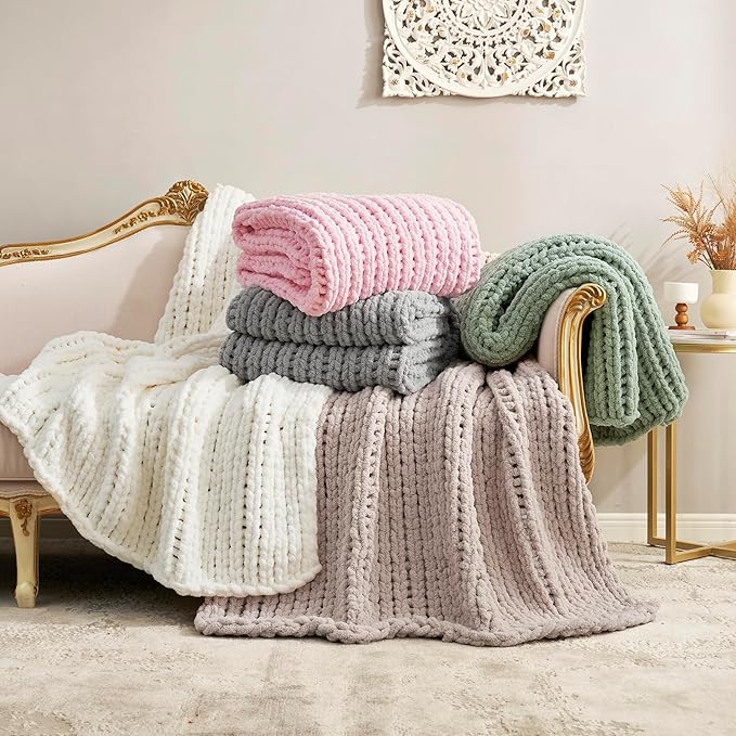 Amélie Home Chunky Knit Throw Blanket for Couch, Soft Chenille Crochet Blanket for Sofa, 60"x80", Ivory