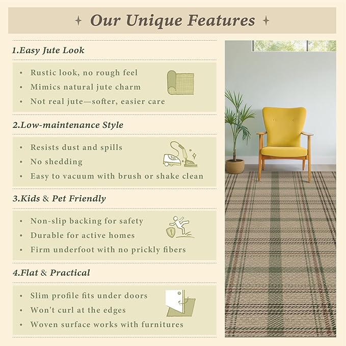2x3 Plaid Entrance Rugs Indoor - Easy Jute Small Throw Rug for Entry Way Outdoor, Kitchen, Bathroom, Powder Room, Modern Carpet Door Mat, Non Shed Non Skid Washable Farmhouse Decor