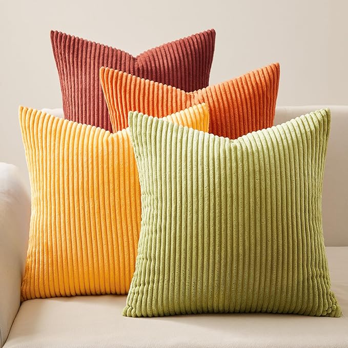 Topfinel Fall Burnt Orange Throw Pillow Covers 16x16 Set of 4,Corduroy Striped Decorative Cushion Cases for Couch Living Room Sofa Guest Bedroom Fluffy,Small Cute Shams