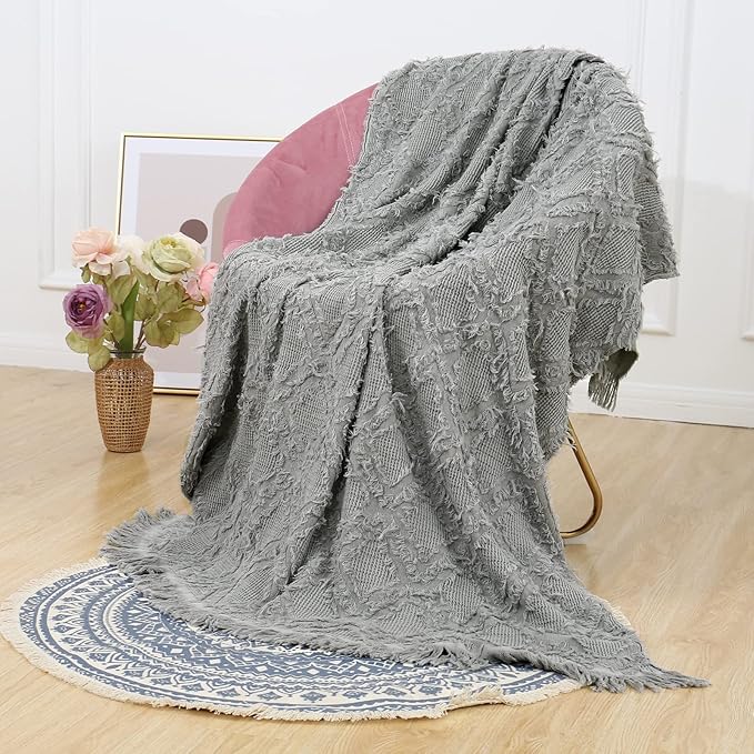 Simple&Opulence Cotton Throw Blanket for Bed, Couch, Boho Textured Geometric Knit Woven Blanket With Tassels Soft, Lightweight Breathable Shabby Chic Farmhouse Decoration for All-Season(Greyish Green)