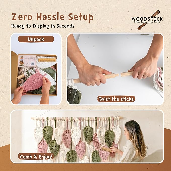 WOODSTICK Large Macrame Wall Hanging 39"W x 29.5"L - Boho Wall Decor in Beige, Old Pink & Green - Chic Woven Leaf Leaves Boho Tapestry, Handmade Cotton Fiber Art, Macrame Wall Décor, Bedroom Tapestry