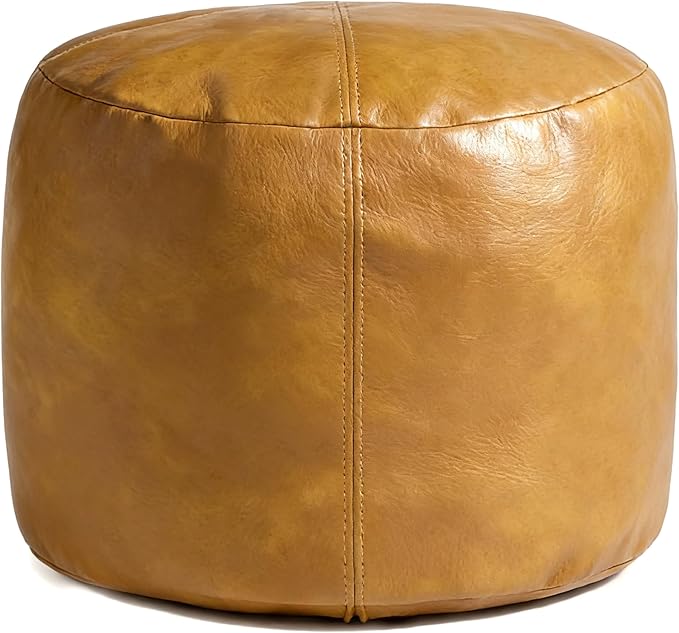 Thgonwid Unstuffed Faux Leather Pouf Cover, Handmade Footstool Ottoman Storage Solution, Floor Footrest Cushion - 16.5”Dx12”H, Yellow