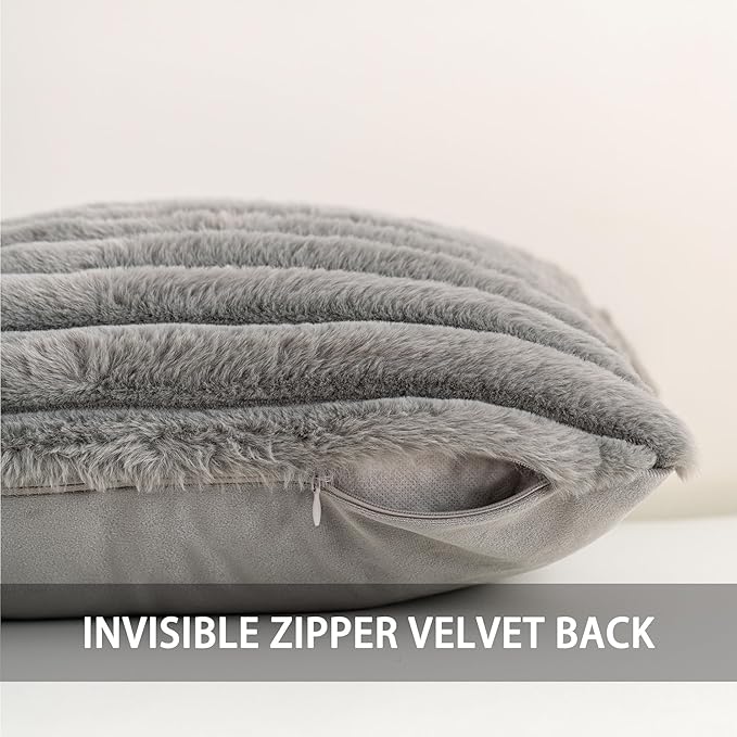 Pack of 2 Faux Fur Fall Throw Pillow Covers 22x22 Inch, Soft Plush Striped Neutral Couch Pillow Cover, with Velvet Back Modern Home Decor for Sofa Living Room Couch Bed Dark Grey