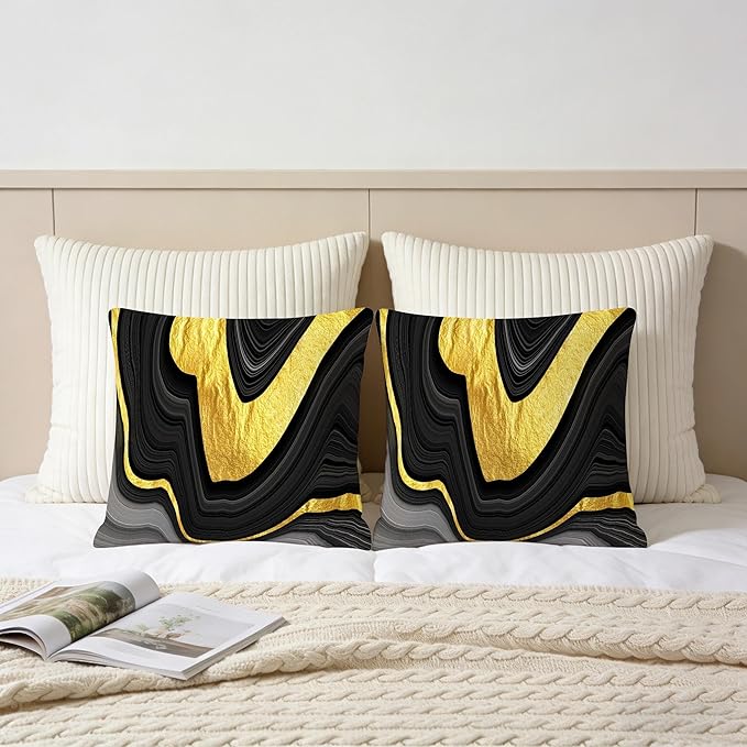 Black and Gold Marble Texture Throw Pillow Covers 18x18 Inch Set of 2, Decorative Gold and Black Grey Modern Boho Art Pillow Covers for Office Couch Sofa Bedroom Living Room Farmhouse Home Decor