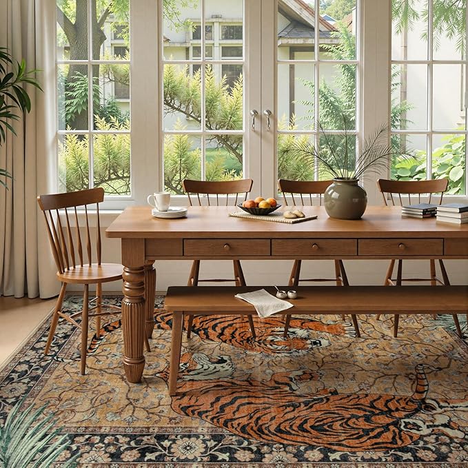 Moynesa Tiger 6x9 Rug, Washable Large Rugs for Living Room, Vintage Non Slip Boho Bedroom Area Rug, Ultra Thin Soft Indoor Floor Carpet for Dining Room Home Office, Camel