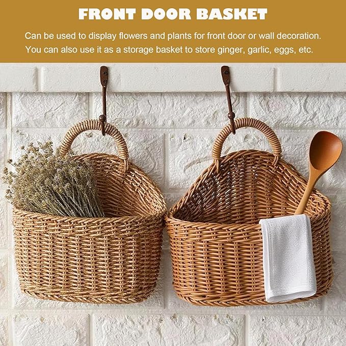 Hanging Basket Plastic Woven Wall Basket, Decorative Front Door Baskets for Flowers Plants, Small Wicker Basket for Organizing