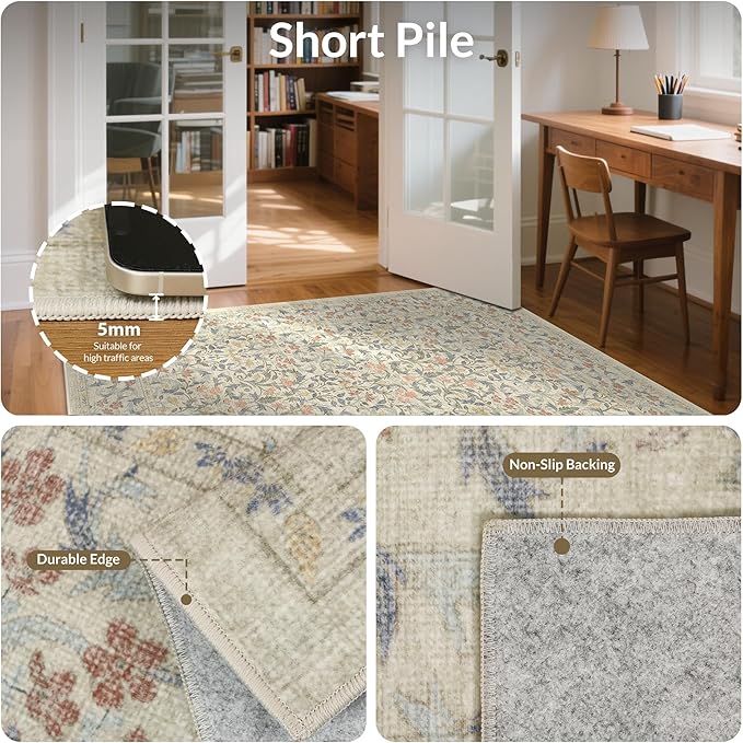 GENIMO 8x10 Washable Area Rug, Non-Slip Vintage Boho Floral Carpet, Soft Low-Pile Thin Living Room Rug for Bedroom, Dining Room, Nursery, Beige Blue