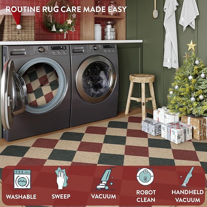 Lahome Checkered Rugs for Living Room, 8x10 Indoor Outdoor Rug Dining Room Office Carpet, Checkerboard Green and Red Washable Non Slip Floor Carpet for Patio Classroom Backyard