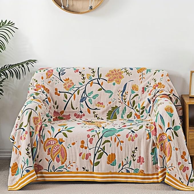 Boho Blanket for Bed 100% Cotton Bohemian Throw Blankets Ultra Soft Woven Muslin Decorative Blankets All Seasons Vintage Quilt Knitted Blanket for Sofa Chair(Yellow, 90"x98")