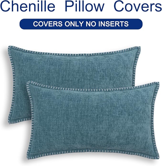CaliTime Throw Pillow Covers Decorative 12 X 20 Inches Pack of 2 Cotton Thread Stitching Edges Solid Dyed Soft Chenille Cushion Cases for Couch Sofa Bed Living Room Farmhouse Smoke Blue