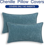 CaliTime Throw Pillow Covers Decorative 12 X 20 Inches Pack of 2 Cotton Thread Stitching Edges Solid Dyed Soft Chenille Cushion Cases for Couch Sofa Bed Living Room Farmhouse Smoke Blue