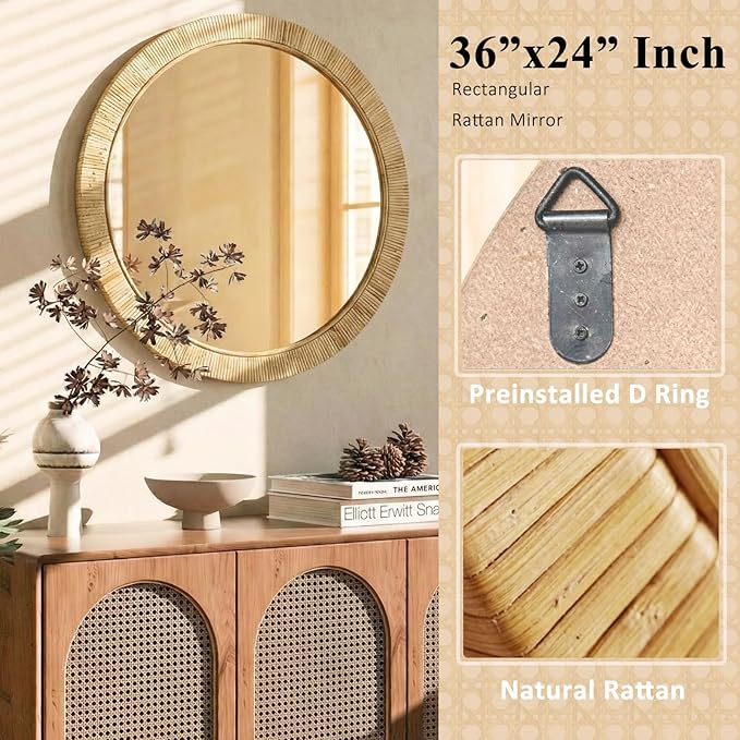 24"x24" inch Rattan Mirrors for Wall, Rustic Farmhouse Style Handmade Wicker Rattan Frame, Boho Wall Mirror for Bedroom, Bathroom, Livingroom, Hallway