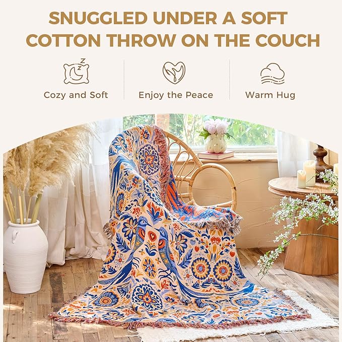 Boho Throw Blanket for Couch Sofa Chair Cotton Spring Blankets for Bedroom Living Room All Season Soft Lightweight Reversible Floral Bird Embroidery Throws 50"x60"