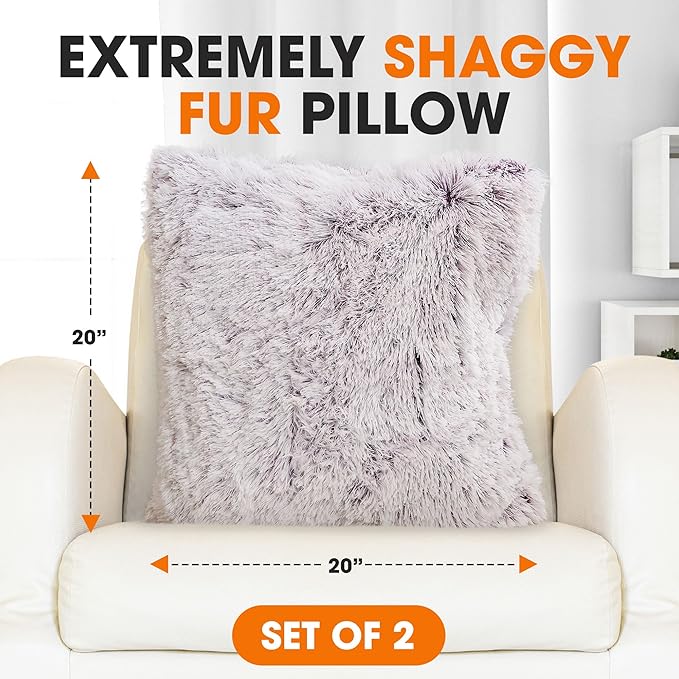Cheer Collection Throw Pillows for Couch and Bed, Soft Shaggy Throw Pillows with Inserts Included, Cozy Long Hair Faux Fur Pillows - Set of 2-18" x 18" - Purple