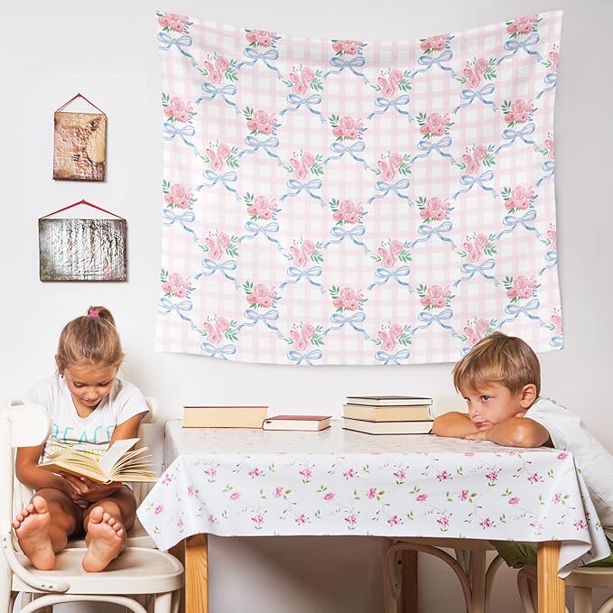 WARDOS Coquette Blue Bow Tapestry, Coquette Room Decor, Preppy Pink Rose Floral Tapestry, Cute Preppy Room Decor Teen Girls, Girly Bedroom Decor, Coquette Stuff, 50x60 Inch