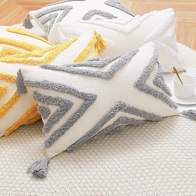Boho Grey Lumbar Throw Pillow Cover 12x20 Inch with Tassels, Gray Geometric Tufted Cream Chenille Fabric Small Accent Textured Cushion Case for Bed Couch, 1 PC Cover Only No Insert
