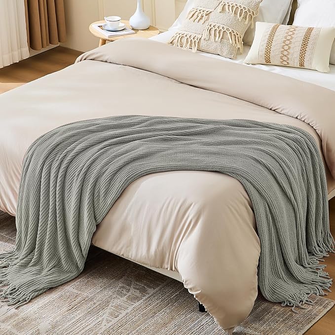 inhand Throw Blanket for Couch Bed,Chunky Chenille Woven Soft Blankets with Tassels, Cozy Boho Farmhouse Fall Winter Decor,Warm for Women,60"x80",Extra Thick-Light Grey