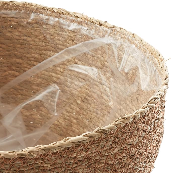 Casafield Set of 3 Seagrass Planter Baskets with Liners - Natural, Hand Woven Indoor Flower Pot Covers for Plants, Succulents, Home Decor