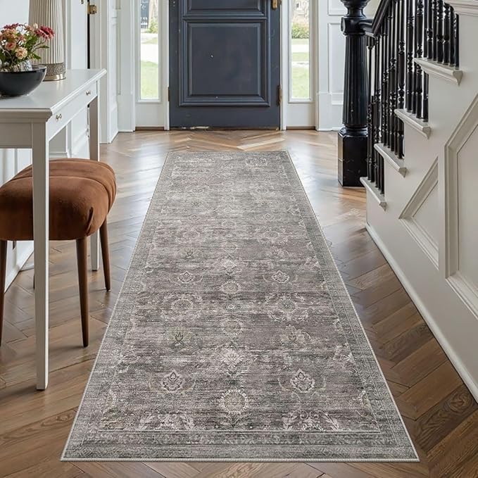 2x5 Runner Rug, Washable Kitchen Rugs, Grey Boho Vintage Floral Hallway Runner, Non Slip Low Pile Area Rug Carpet for Indoor Hallway, Kitchen, Laundry Room and Bathroom(Taupe/Grey 2x5ft)
