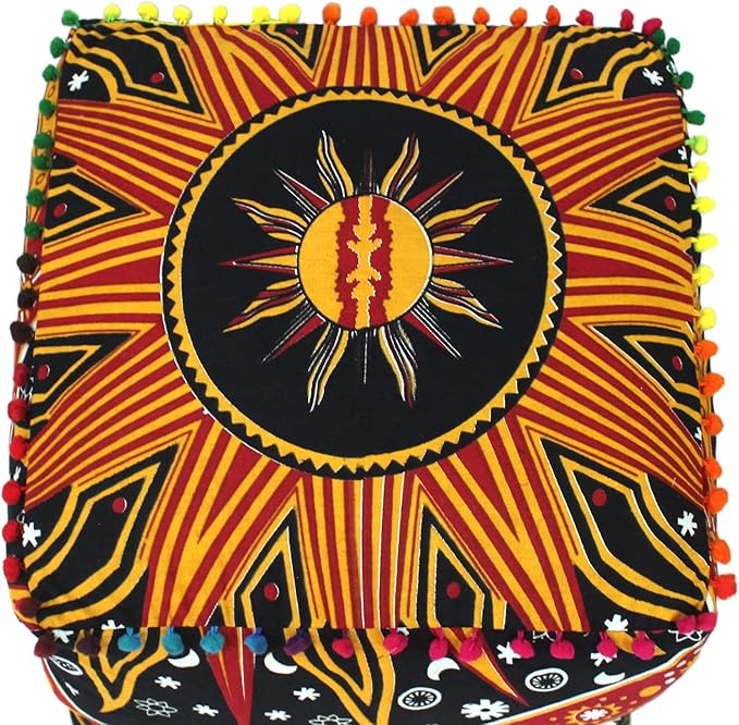 CRAFT KALA Square Mandala Floor Pillow Cushion Cover Seating Throw Cover Hippie Decorative Bohemian Ottoman Poufs Cover Pillow Cases Cotton Living Room Home Décor 20X20X14 inches, Orange Burning Sun
