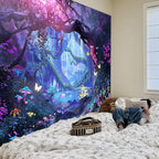 Apdidl Forest Nature Room Decor Tapestry Wall Hanging, Fantasy Trees Butterfly Mushroom Tapestries for Bedroom, Blue Colorful Floral Magical Plants Jungle Landscape Backdrop for Living Room 60"X79"